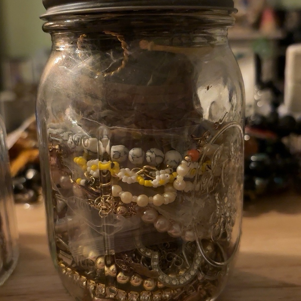 Mixed Costume Jewelry in Decorative Glass Jar - Gold Tones & Accents - Picture 4 of 8